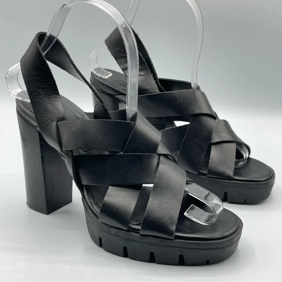Zara Black Leather Chunky High Heel Sandals Size 6.5 - Picture 3 of 9